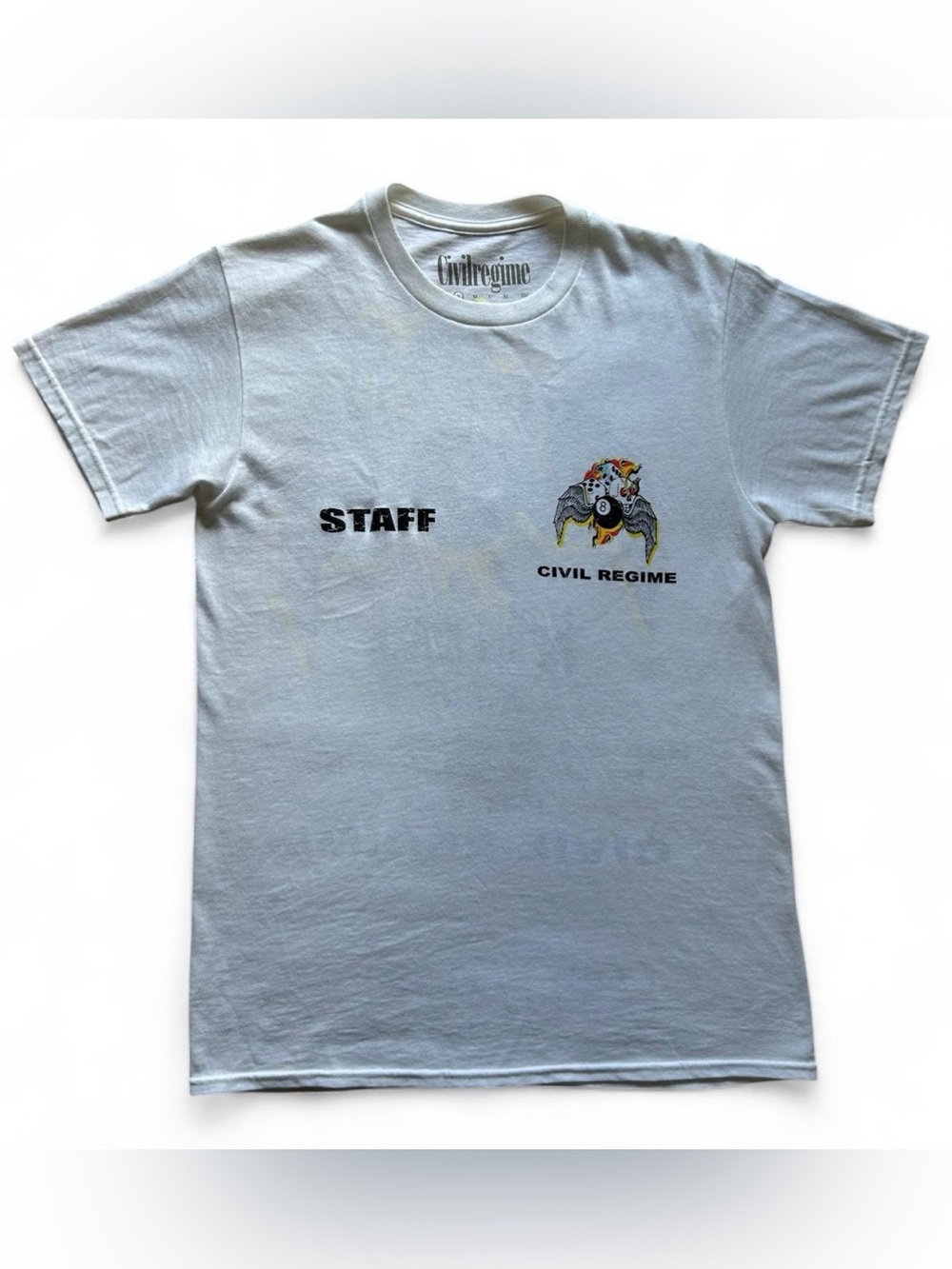Civil Regime Streetwear White 'Staff' Short Sleeve Tee 8 Ball Flames Dice Skater